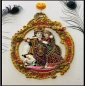 Metal Moti Work Radha Krishna w Cow Hanging(7)